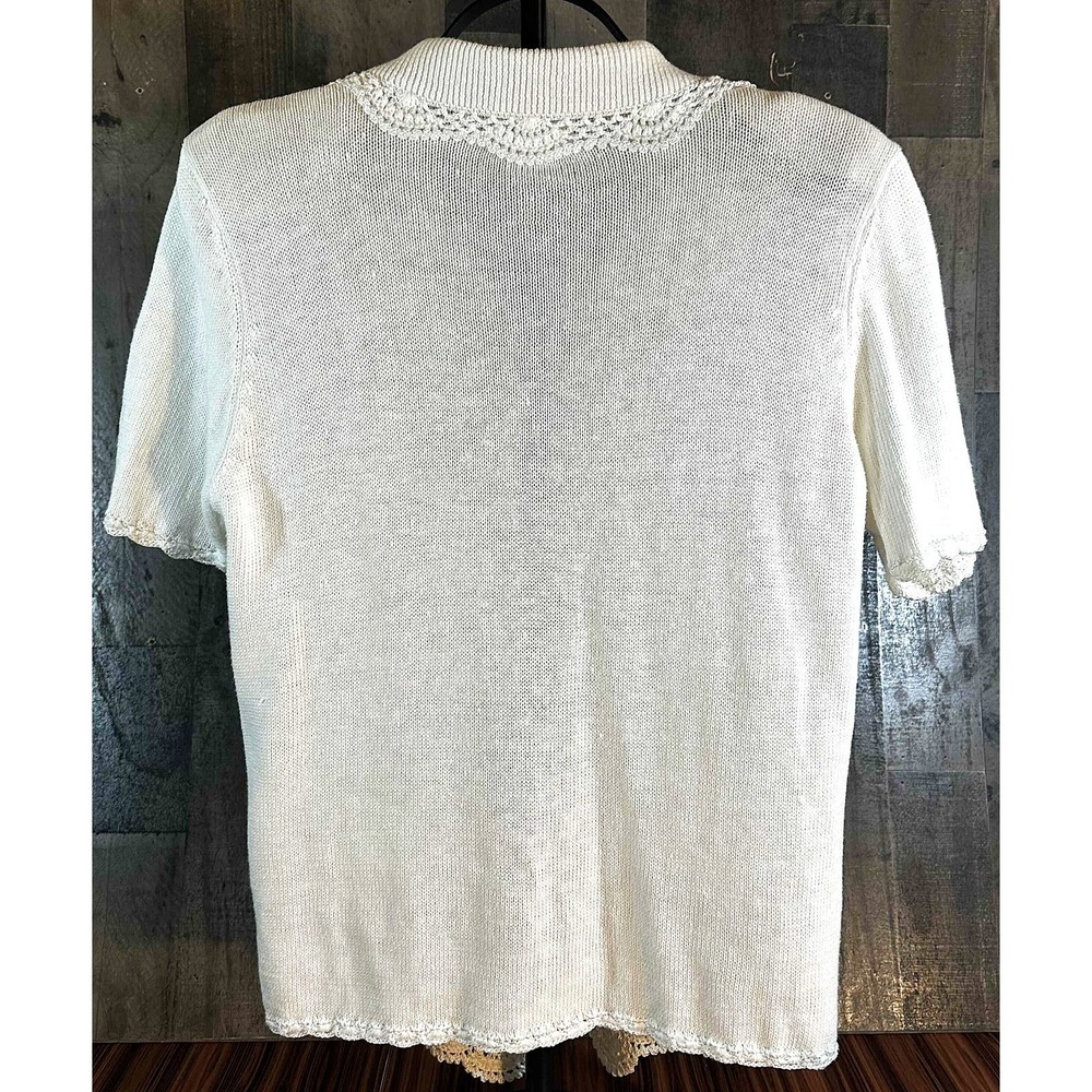 Vintage Koret Cardigan Sweater Womens S Cream Floral Embroidered Scalloped Knit‎ - Picture 2 of 14